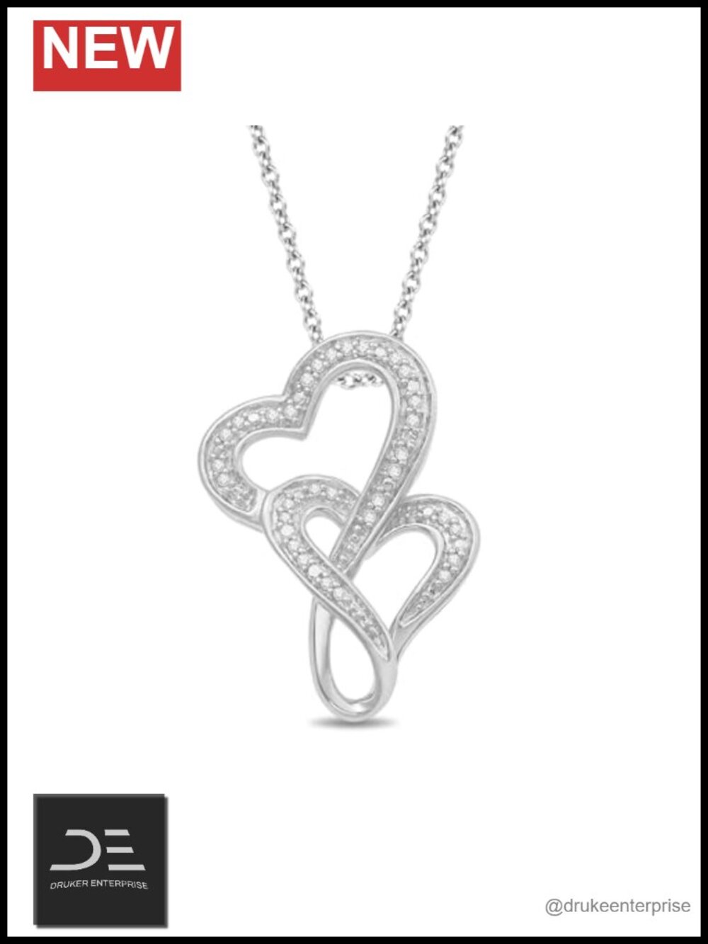 Sterling Silver Diamond Double Heart Pendant Necklace 18in Rolo Chain